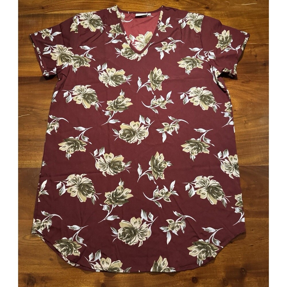 Gold Coast Women L Satin V-Neck Tunic Kaftan Dress Floral Burgundy Short Sleeve